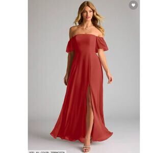 Azazie Sue Terracotta Chiffon Bridesmaid Dress Off Shoulder Flowy Sleeves Size 6